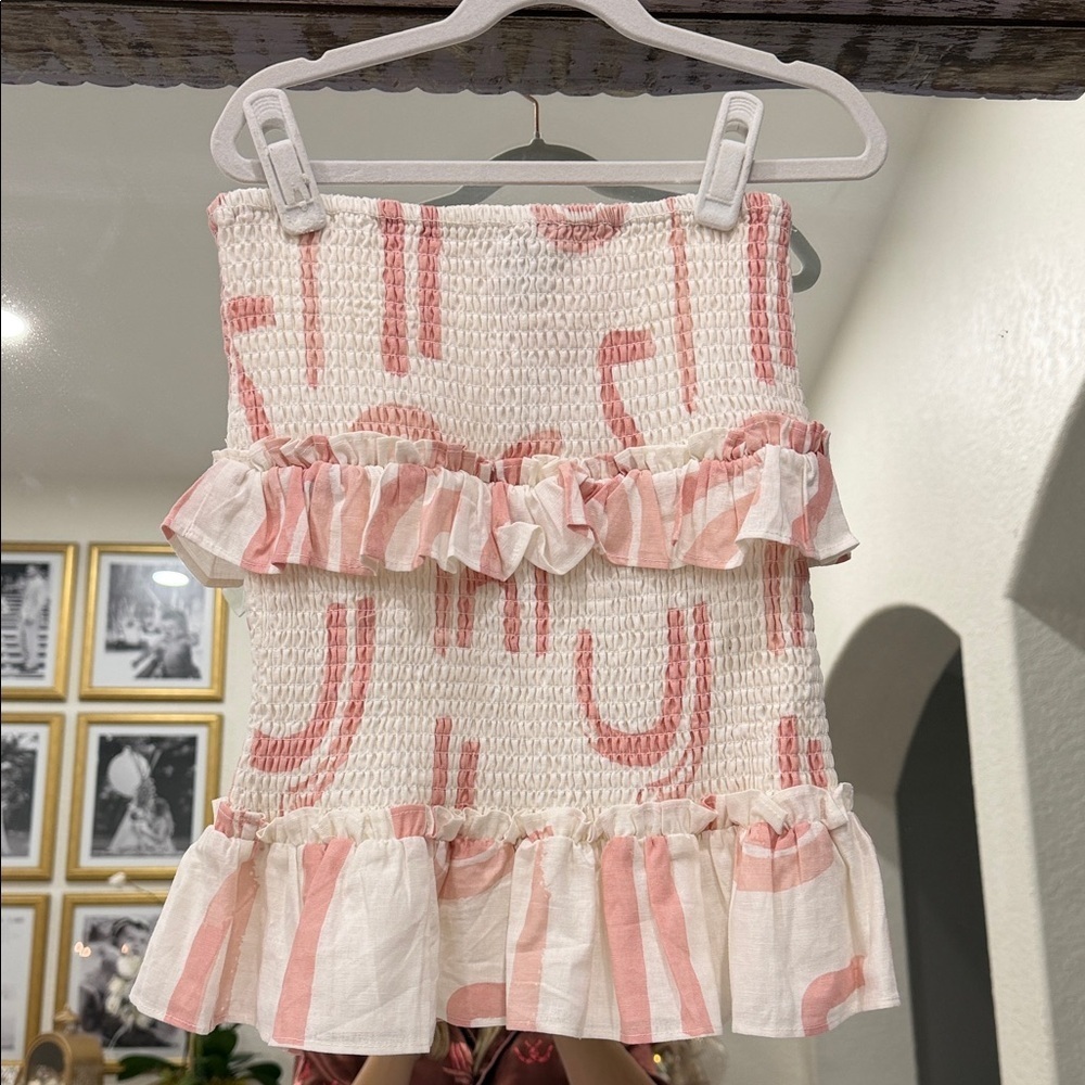 Sabo Skirt Pink and White Smocked Linen/Cotton Blend Skirt